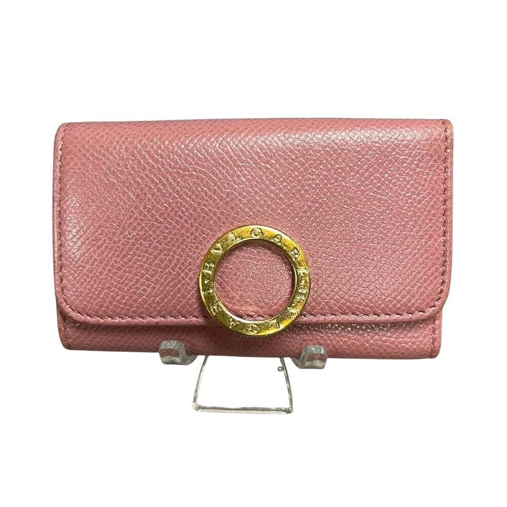 BVLGARI Bulgari Key Holder Grain Calf Leather Pink Red Series Gold Hardware